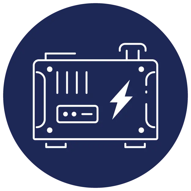 Icon of a generator with a lightning bolt symbol on a dark blue circular background.