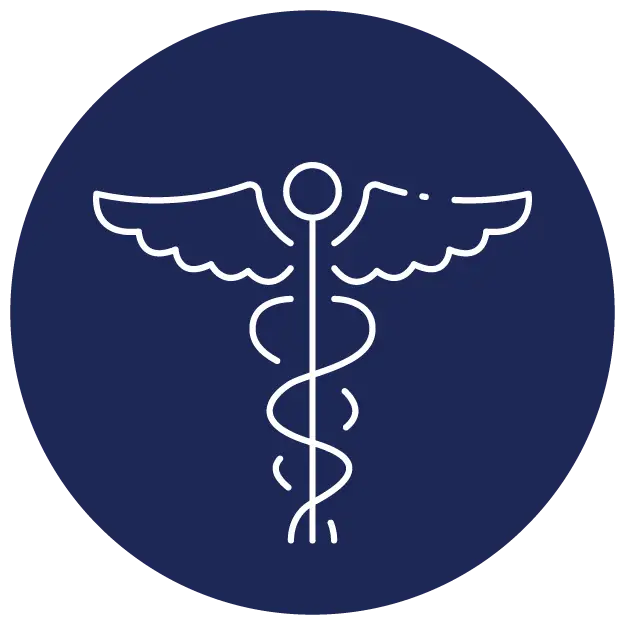 A white medical symbol displayed prominently on a blue circular background, representing healthcare and medical services.