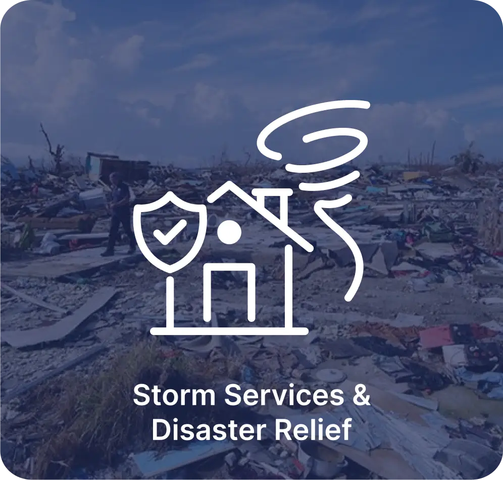 A graphic for storm services and disaster relief, showing an icon of a house with a shield and swirling wind overlayed on an image of storm debris, including scattered rubble under a blue sky.