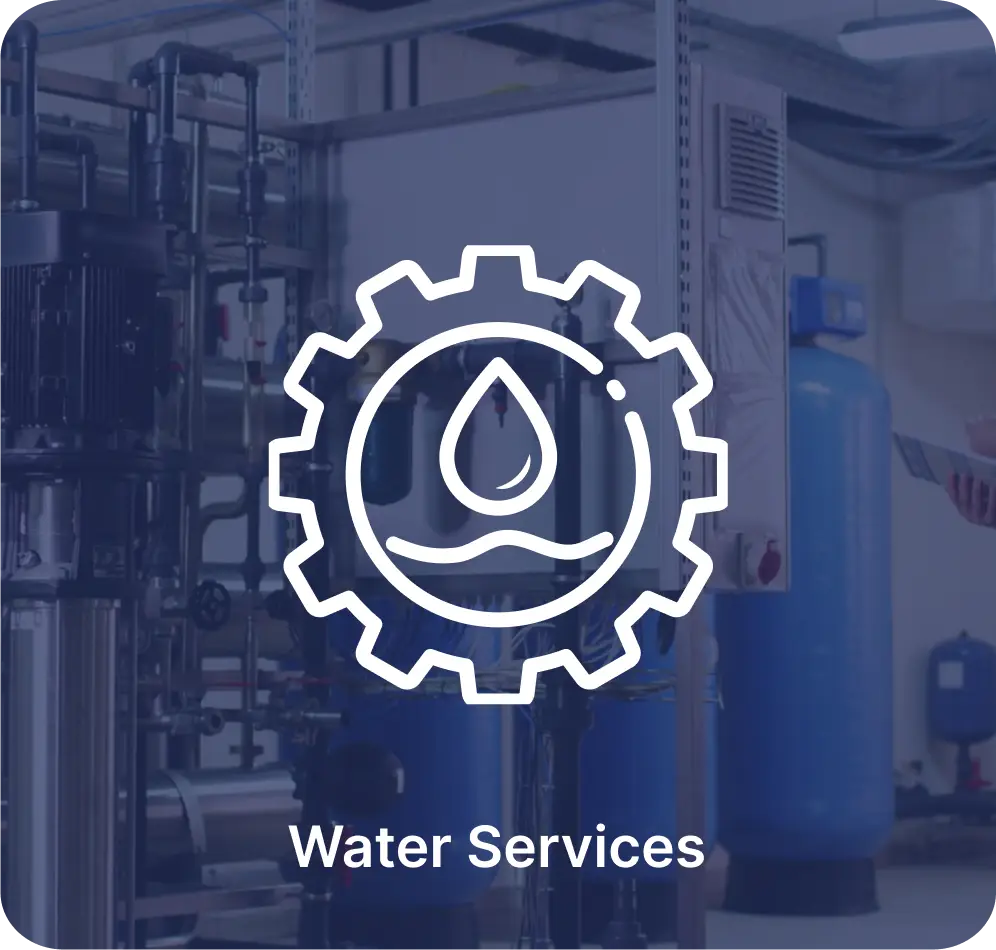 Industrial water filtration equipment and pipes are visible in a brightly lit facility. A white icon of a gear with a droplet inside is overlayed, along with the text "Water Services."