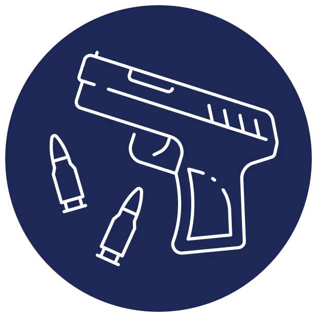 Gun and bullets icon displayed on a dark blue background, symbolizing firearms and ammunition.