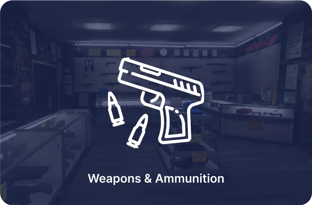 An indoor gun shop displays firearms and ammunition, with shelves and racks filled with items. A white icon of a handgun and bullets is overlayed, accompanied by the text "Weapons & Ammunition."