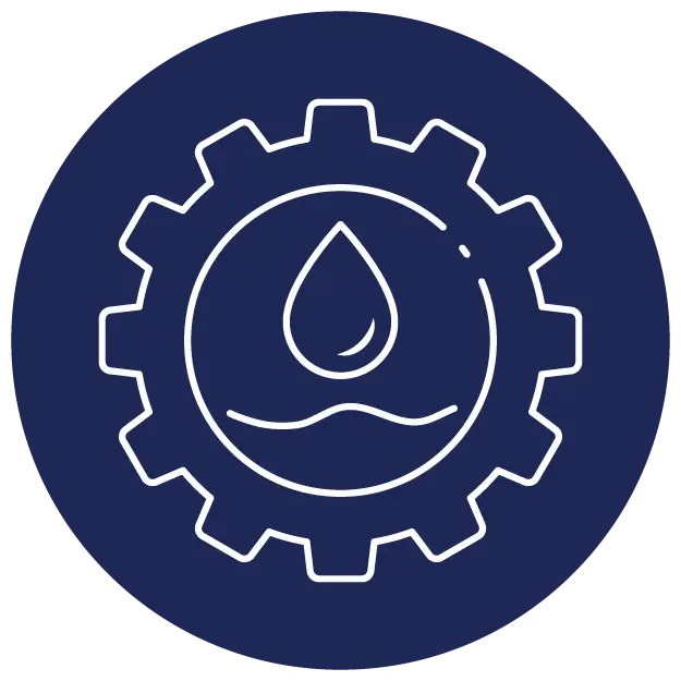 A gearwheel with a water drop resting inside its circular shape, symbolizing the fusion of mechanics and nature.